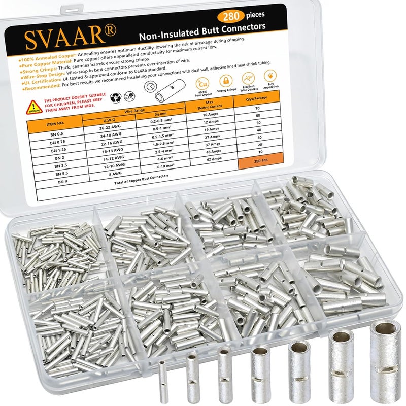 SVAAR 280 PCS 26-8 AWG Non-Insulated Butt Connectors Crimp Repair Butt Splices Kit, Uninsulated Butt Splice Connectors for 26 to 8 Gauge Wire, Marine Grade Tinned Copper Seamless Barrel Butt Terminals - Image 1